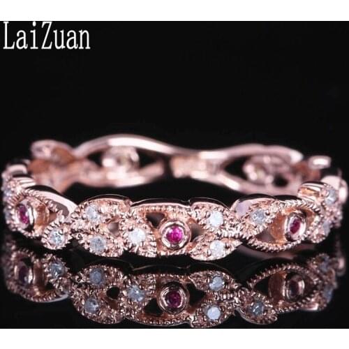 LaiZuan Solid 10K Rose Gold 0.2CT Certified H/SI Round Natural Diamond & Rubies Engagement Wedding Band Trendy Jewelry Gift Ring