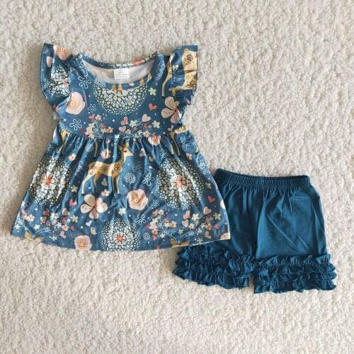 Summer Baby Girls Set Goldan Deer Flowers Tunic Indigo Cotton Shorts Boutique Children Clothes