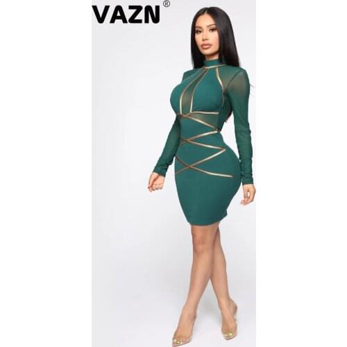 VAZN 2020 Summer Elegant High Neck Bandage Long Sleeve Elegant Holiday Young Mini Dress Sexy Women Bodycon Dress