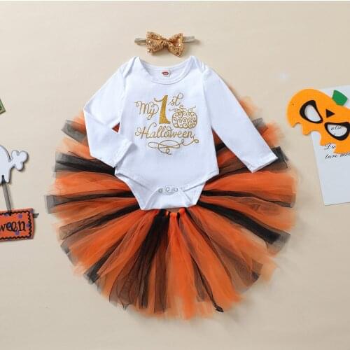 2021-06-25 Lioraitiin 0-18M Newborn Baby Girl 3Pcs Halloween Clothing Romper Letter Printed Top Patchwork Skirt Outfit