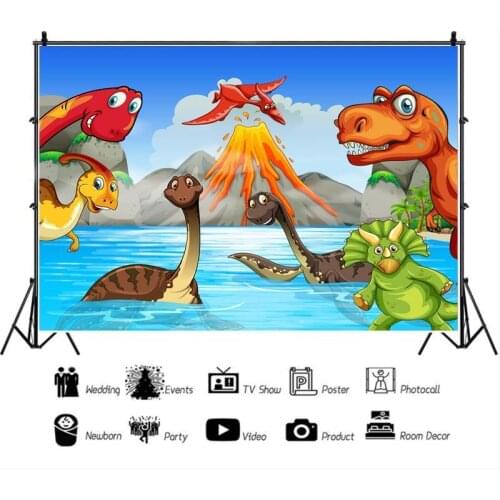 Cartoon Blue Sky White Clouds Lake Volcano Dinosaur World Background Child Birthday Party Decoration Studio Photography Scene