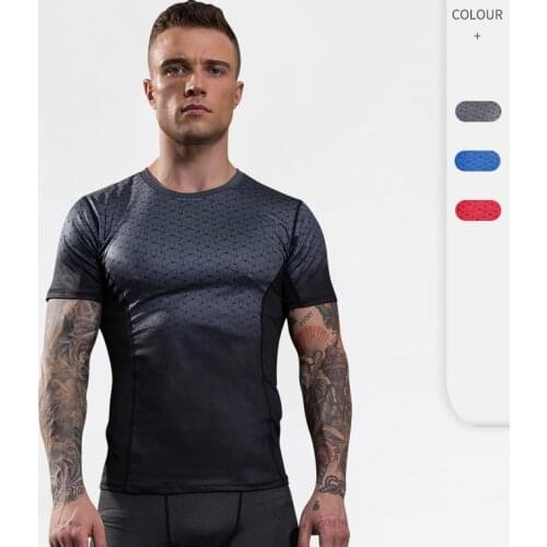 Men Running T-Shirt Printed Gradient Training Shirts Quick Dry Short Sleeve Tops Fitness Causal Jogging SPortswear Gym Clothing