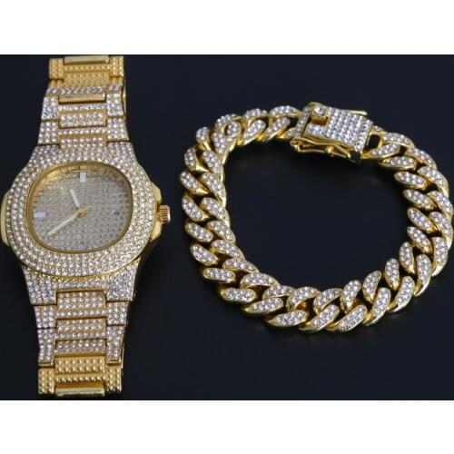 Hip Hop Men Bracelets Bling Iced Out Crystal Miami Chain Gold Silver Color Men Watch + Bracelet Set Luxury Hip Hop 2020 New