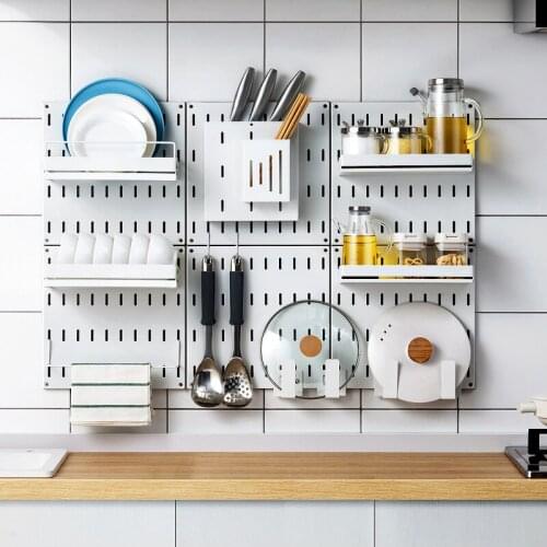 New White Punch Free Wall Mounted Kitchen Storage Rack DIY Bowl Plate Cutting Board Spice Dish Rack Kitchen Organizer