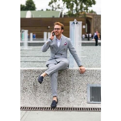 2017 Latest Coat Pant Designs Light Grey Double Breasted Men Suit Groom Suits Tuxedo Slim Fit Custom 2 Piece Prom Blazer Ternos