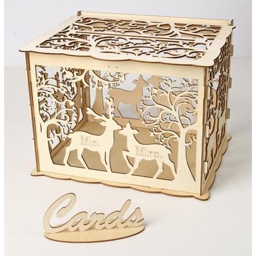 DIY Wedding Gift Card Box Wooden Couple Deer Pattern Wedding Supplies Greeting Card Box Check-in Box Wedding Card Collection Box