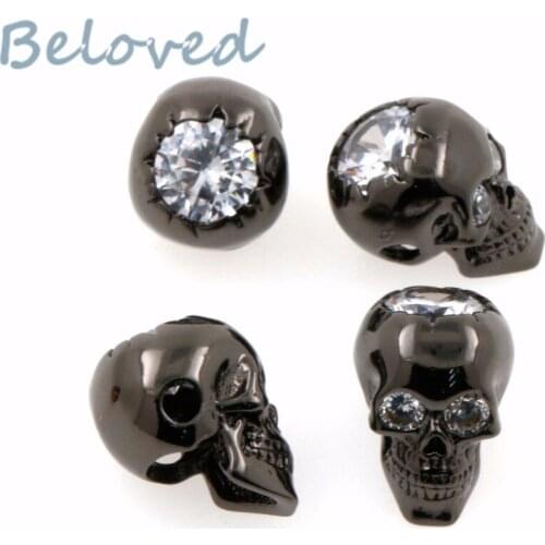 Micro Paved Clear Zirconia Owl Head Skull Metal Charms Beads, Cubic CZ Mens Paracord Bracelet Making Spacer Beads, BG18216