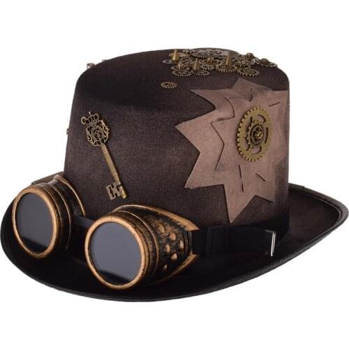 Punk Black Fedora Steampunk Gears Men/Women Top Hat With Googles Gothic Party Festival Hats Accessories