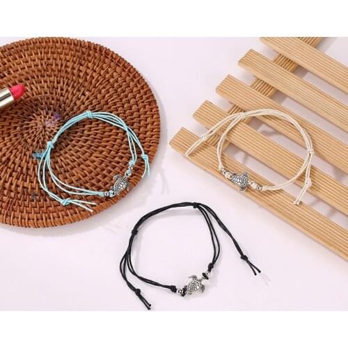 Vivid Sea Turtle Charm Black White Blue Thin Ropes Woven Chains Bohemia Anklets For Women