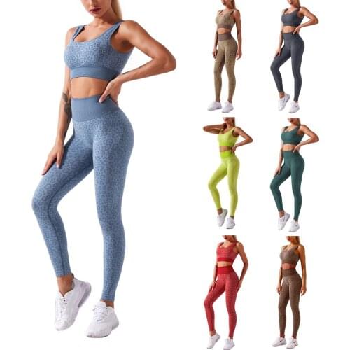 Womens Seamless Leopard Printed 2Pcs Yoga Suit Sports Bra with High Waist Tight Long Pants Workout Sportswear Gym Clothing