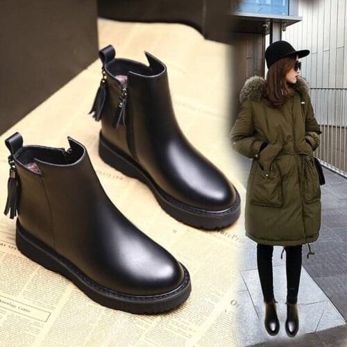 Flat platform cotton ankle boots women height increasing leather shoes tassel riding booties woman 2020 warm plush winter shoes