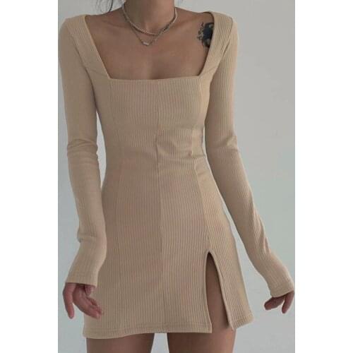 Women Long Sleeve Square Collar Ribbed Black Dresses Elegant Ladies Vintage Clothes Korean Style Split Side Bodycon Mini Dress