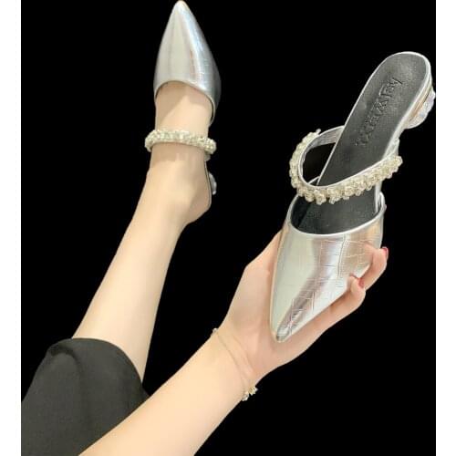 2021 New Sexy Pointed Toes Mules Women Fashion Autumn Shoes For Women Silver Bling Slip-On Slippers Ladies Outdoor Heels Slipper