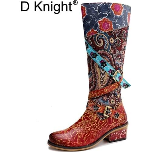Vintage Women Knee High Boots Genuine Leather Riding Boots Autumn Winter Round Toe High Square Heels Western Cowgirl Boots Shoes