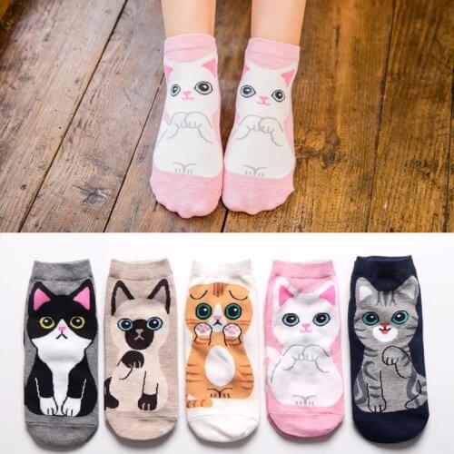1pc Women Cotton Socks Breathable Low Tube Sweat Absorbing Soft Casual Cute Cartoon Cat Pattern Printed Girls Hosiery Fashion