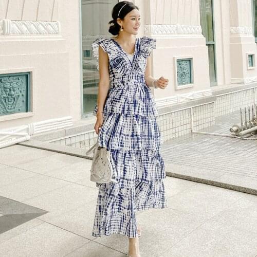 Fashion Korean Retro Ruffle Sleeveless Maxi Party Dress Ladies Elegant Coffee Break Robe Sexy V-Neck Backless Print Beach Dress