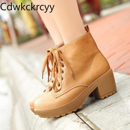 Winter The New fashion Round head Thick heel Martin boots student Leisure Lace Plus velvet Keep warm High heel Women boots 34-43