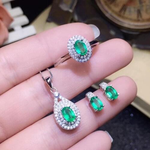 100% Natural and Real set Natural Real Emerald 925 sterling silver 1pc Emerald pendant,1pc Emerald ring,2pcs Emerald Earring