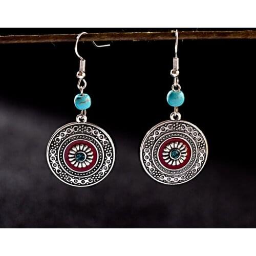 2019 Ethnic Classic Womens Round Alloy Flower Drop Earrings Vintage Jhumka Jhumki Ladies Red Dangle Earrings Oorbellen