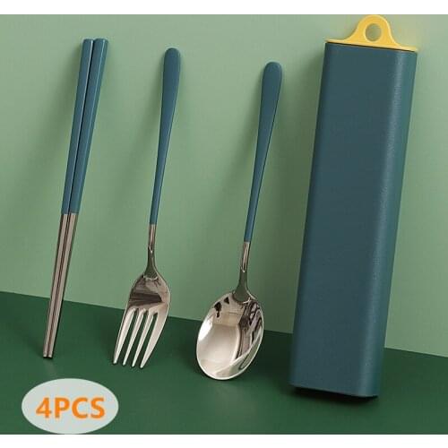 4Pcs/Set Portable Stainless Steel Lunch Fork Chopsticks Spoon Travel Cutlery Kits Kitchen Tableware Flatware Silverware Set