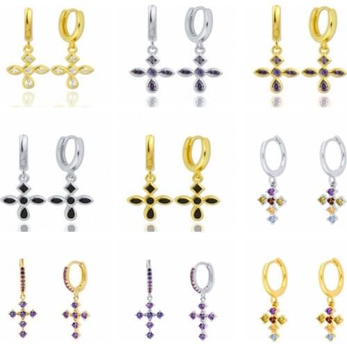 Aide 925 Sterling Silver Colored Zircon CZ Cross Pendant Dangle Hoop Earrings For Women Luxury Pendiente Drop Round Earring Gift