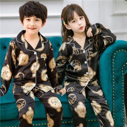 Spring Autumn Girls Satin Pajamas Kids Silk Pajama Sets For Boys Long Sleeved Sleepwear Suit Children Pyjamas 3 6 9 12 14 Years