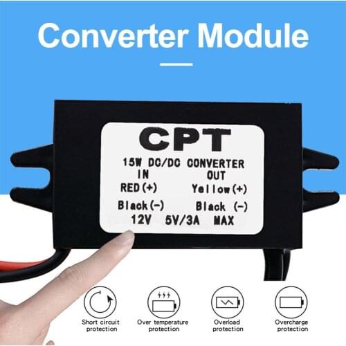 DC-DC Converter Module 12V to 5V 3A 15W Double USB Step Down Power Output Adapter Car Potting Waterproof Power Supply Module
