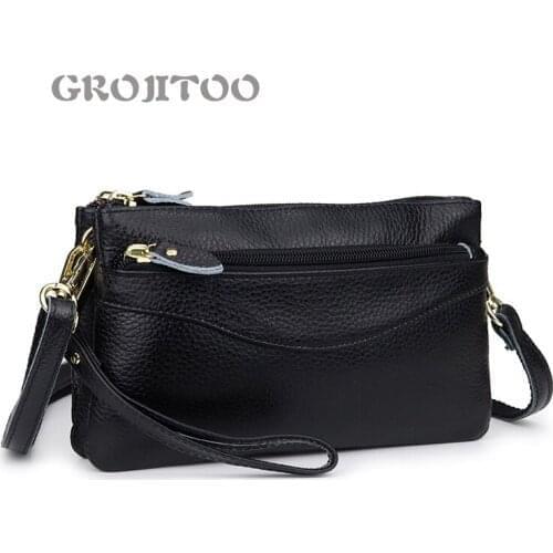 GROJITOO Genuine leather ladys hand bag multi compartment small messenger bag small cowhide shoulder bag women long wallet