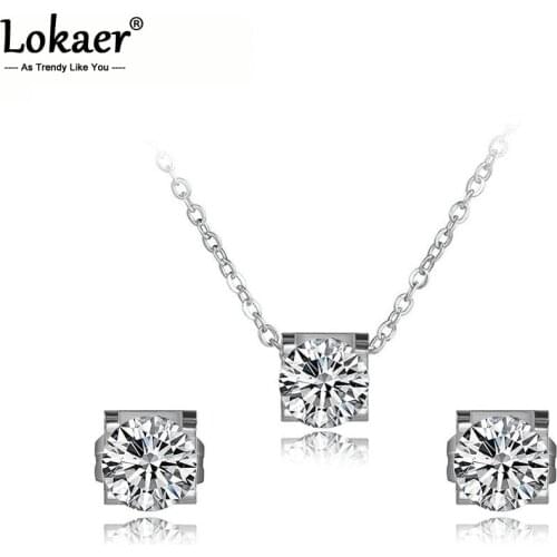 Lokaer Classic Rose Gold Shiny Cubic Zirconia Earrings Necklaces Set For Women Stainless Steel Wedding Bridal Sets Jewelry SE027