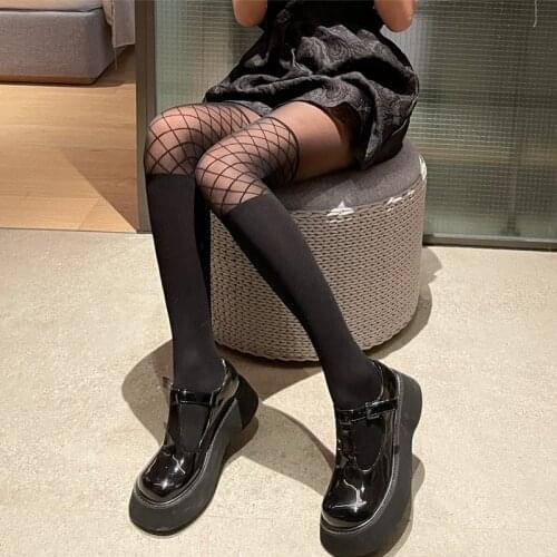 Summer Women ’s Black Joint Grid Printing Pantyhose False-Fishnet Fashion Sexy Tights Hottie Lolita Nylon Hosiery