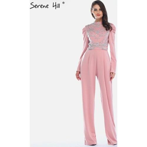 Muslim Pink Long Sleeves Evening Dresses High Collar Diamond Jumpsuit Formal Dress Serene Hill LA60910