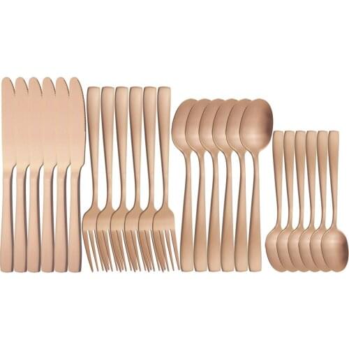 24Pcs/Set Matte Rose Dinnerware Set Stainless Steel Cutlery Set Knives Forks Tea Spoons Dinner Silverware Kitchen Tableware Set
