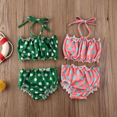 Newest arrival Girls' Swimsuit Big Polka Dot Printing Strappy Shoulder Fold Style Top Elastic Shorts Bikini Set
