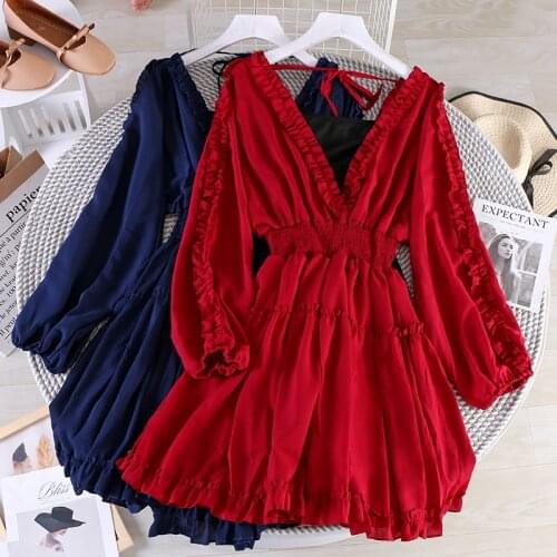 2021 Autumn Women Lantern Sleeve V-Neck Pleated Lace Up Chiffon Dress Casual Lady Elastic Slim Pullover Ruffles Chic Mini Dress