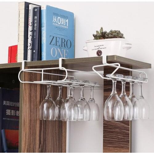 Wine Glass Holder Under Cabinet Rack Hanging Cup Storage Organizer Stemware Racks Double Row Metal Shelf Nail-free