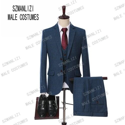 Wool Business Suits Men 2019 High Quality Tailor Made Gentleman Tuxedo Wedding Tweed Plaid Suit 3 Pieces (Jacket+Vest+Pants+Tie)