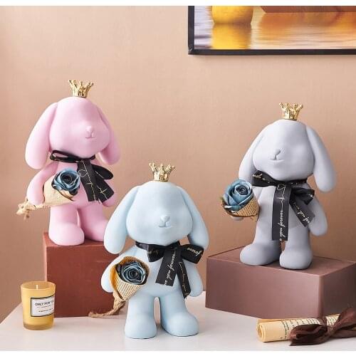 Nordic Crown Rabbit Statue Resin Home Decoration Accessory Easter Bunny Figurines Girl Bedroom Decor Living Room Bookshelf Decor