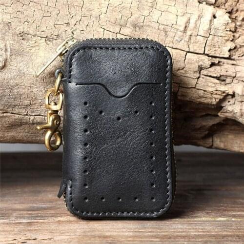 Vintage natural cowhide leather multifunctional mens small key bag simple casual ladies black pickup bag small coin purse