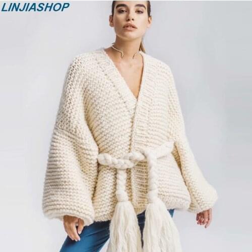 Pure handmade Women cardigan knitted sweater v neck solid beige gray pink loose long sleeve casual outwear autumn winter coat