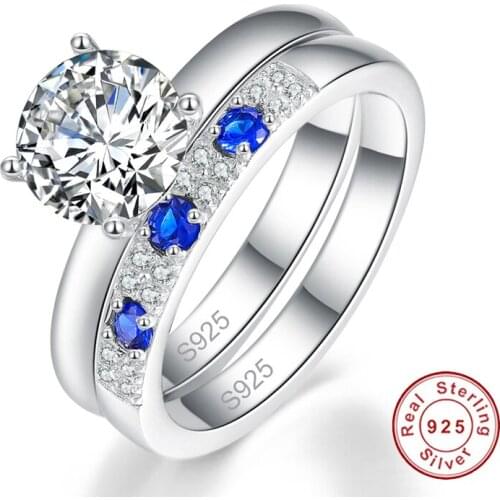 New Style White CZ&Sapphire 100% S925 Sterling Silver Jewelry 2pcs Wedding Engagement Silver Ring Set for Women
