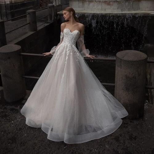 Thinyfull Princess Sweetheart Wedding Dresses Long Puffy Sleeve A Line Bride Dresses Tulle Lace Appliques Vestido De Novia 2020