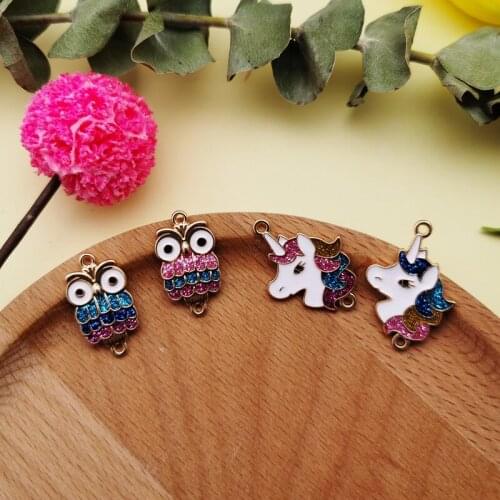 10PCS Glitter Enamel Metal Charms Connectors Gold Tone Owl Unicorn Pendants Suspension Bracelet Earring Jewelry DIY Accessories