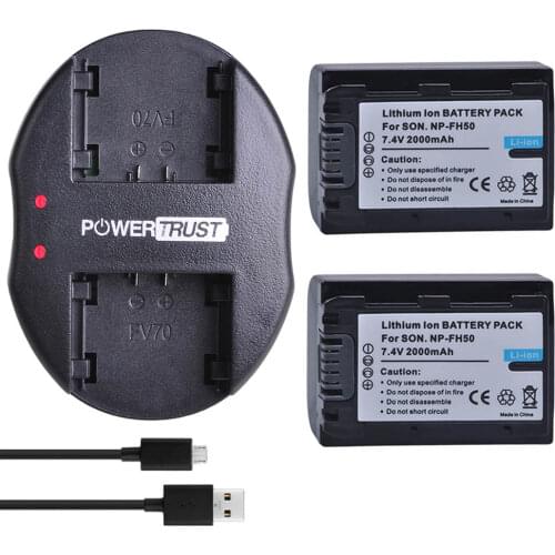 2Pcs 2000mAh NP-FH50 NP FH50 Batteries +Dual USB Charger for Sony A230 A330 A290 A390 DSC-HX1 HX100 HX200 HDR-TG1E TG3 TG5 TG7