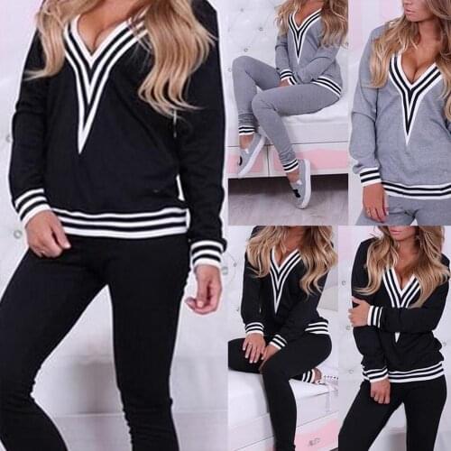 2Pcs/Set Women Casual Stripe Hem V Neck Sweatshirt Pants Cotton Sports Tracksuit Hoodies Women Sport Set tracksuit women