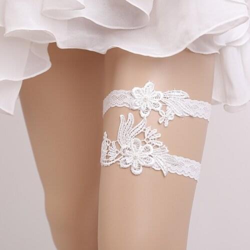 White Lace Embroidery Floral Beading Sexy Wedding Garters 2pcs set for Women Bride Accessories Thigh Ring Bridal Leg Garter 5418