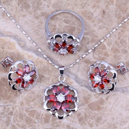 Shiny Red Garnet Silver Plated Jewelry Sets Earrings Pendant Ring Size 5.5 - 8 S0136