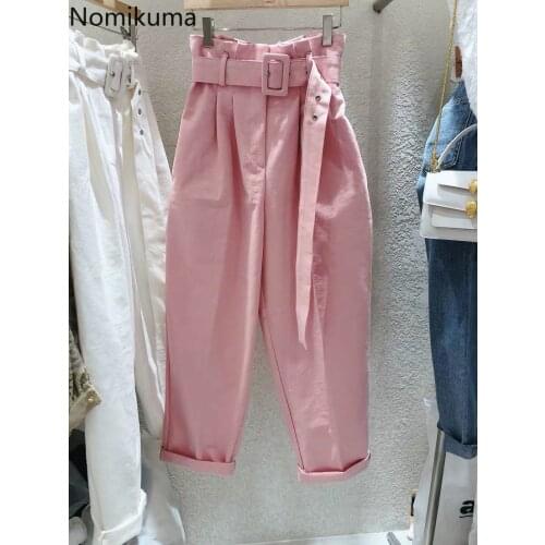 Nomikuma 2020 Spring Summer Pants Women Belt High Waist Long Trousers Korean Solid Fashion Pantalones Mujer Cintura Alta 6A589