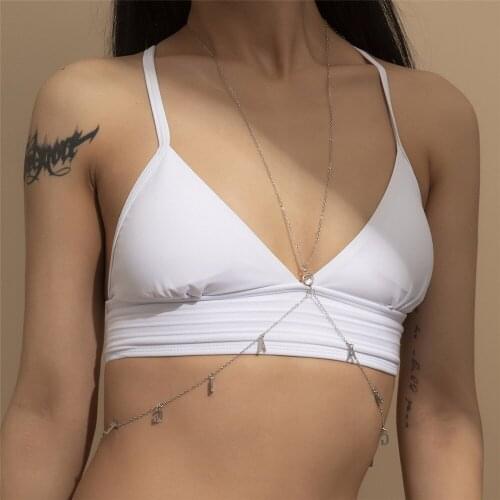 Fashion Cross Body Chains Sexy Letter Angel with Crystal Pendant Bikini Chain Harness Necklace Body Jewelry for Women Party Gift