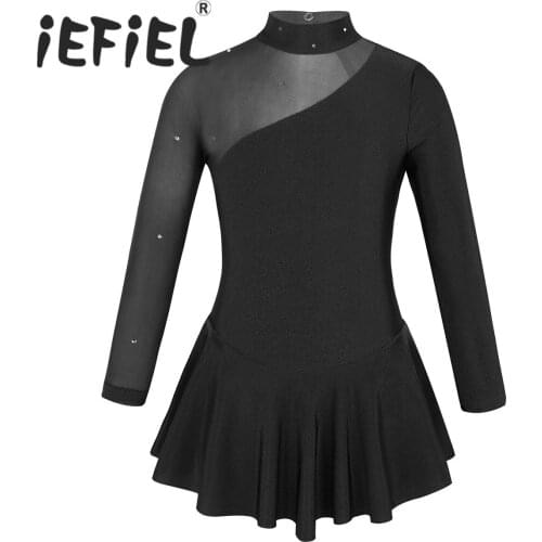 Children Long Sleeves Mock Neck Tulle Splice Cutouts Back Ballet Tutu Dress Ballet Dancewear Gymnastics Leotard for Performance