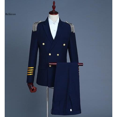 White and Navy Blue Double Breasted Jacket Coat Blazer Pants Nightclub Bar Captain Royal Stage Costumes(Jacket+Pants)